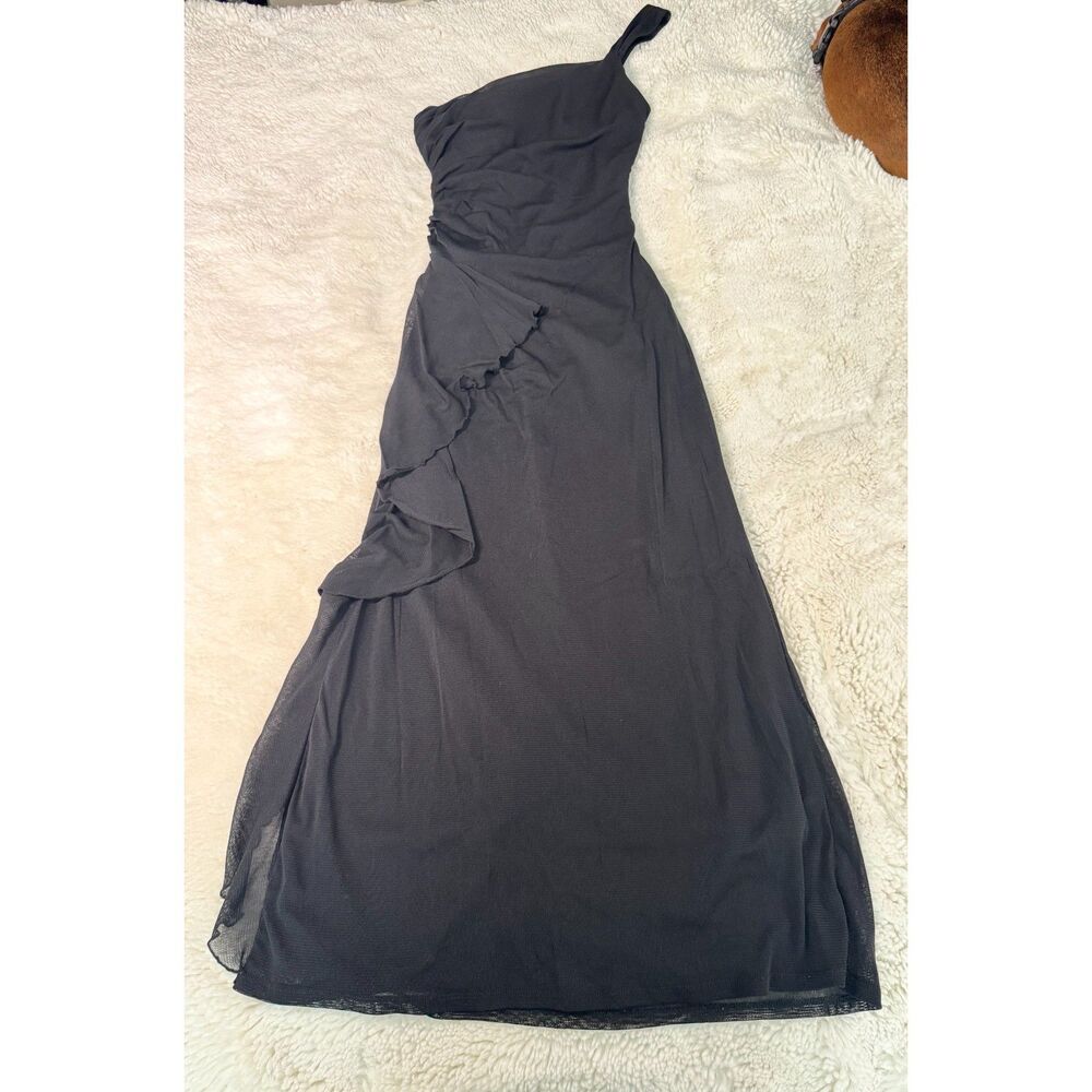 Y2K Sangria Black One Shoulder Ruched Ruffle Dress Size 8 Mesh Formal Cocktail